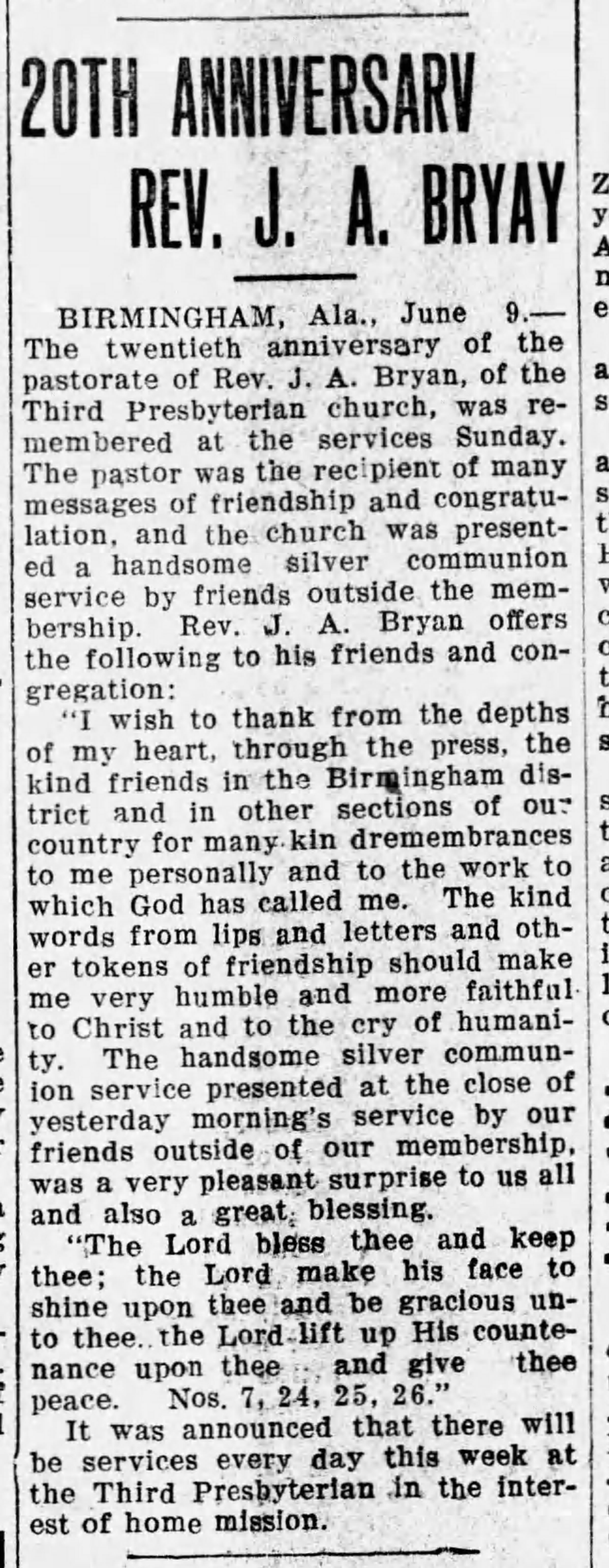 20th Anniversary Rev. J.A. Bryan